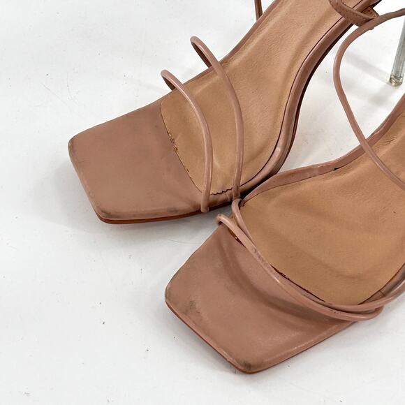 H Halston Wizard Multi Strap Party Heels Sandal 9 Tan Nude Clear Minimalist - Picture 7 of 7